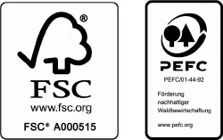 Logos der Zertifikate FSC und PEFC für nachhaltige und verantwortungsvolle Waldwirtschaft.