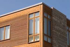 Moderne Gebäude-Fassade mit Holzverkleidung, großen Holzfenstern und angrenzender Natursteinwand.