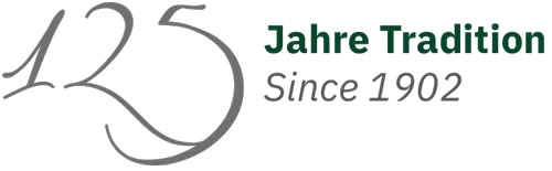 Logo-Schriftzug „125 Jahre Tradition – Since 1902“ zur Feier der Firmengeschichte.