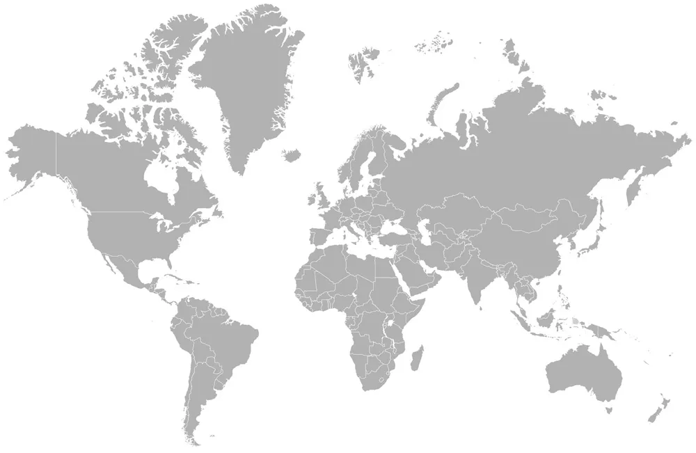 Graue Weltkarte mit Ländergrenzen zur Darstellung internationaler Beschaffungsregionen und Handelsnetzwerke.