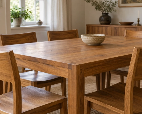 Massiver Teak Esstisch in einem hellen Esszimmer