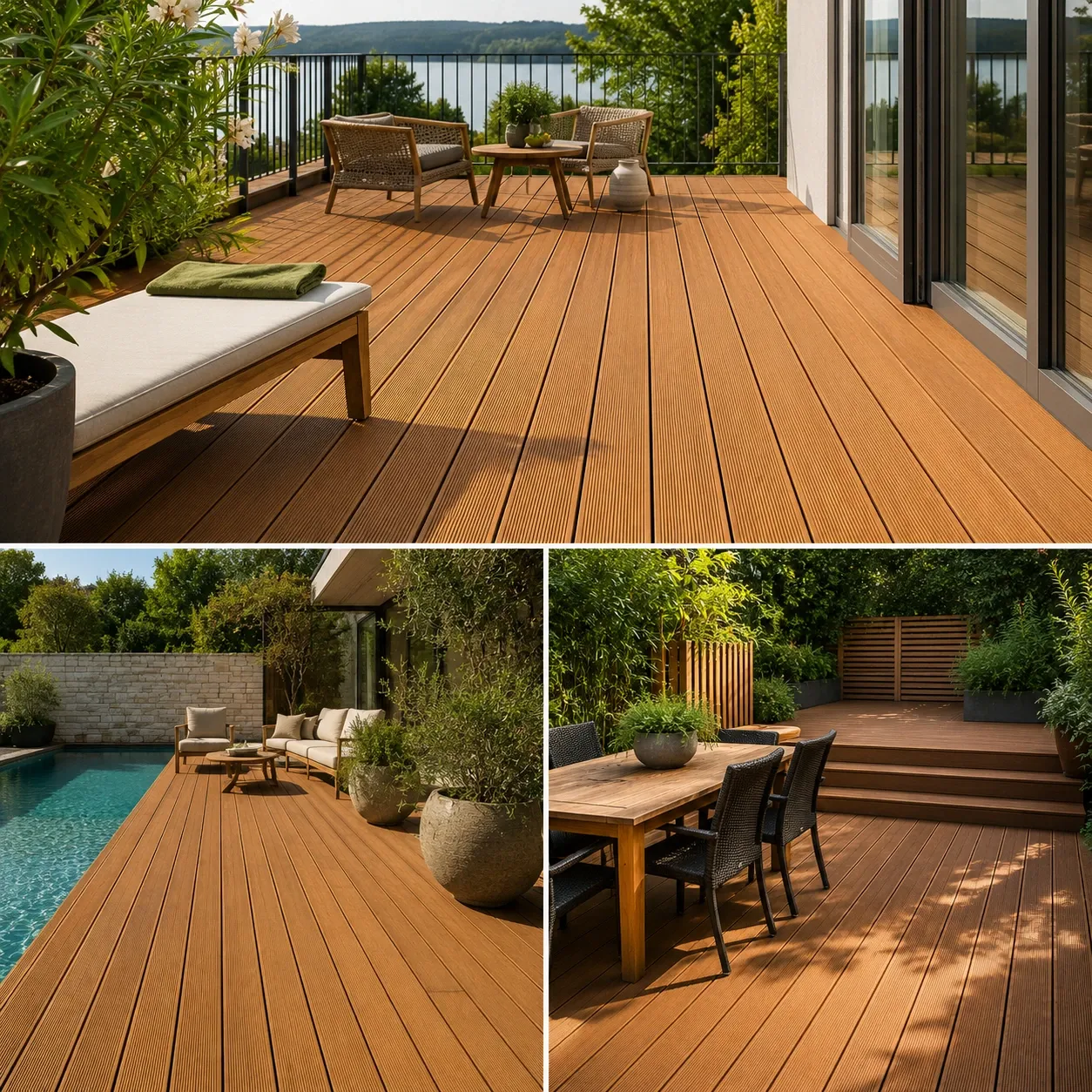 Bangkirai Terrassendielen Anwendungsbeispiele Dreiteilige Collagenansicht moderner Außenterrassen mit warmfarbenen Bangkirai Holzdielen am Pool, auf dem Balkon und im Garten.
