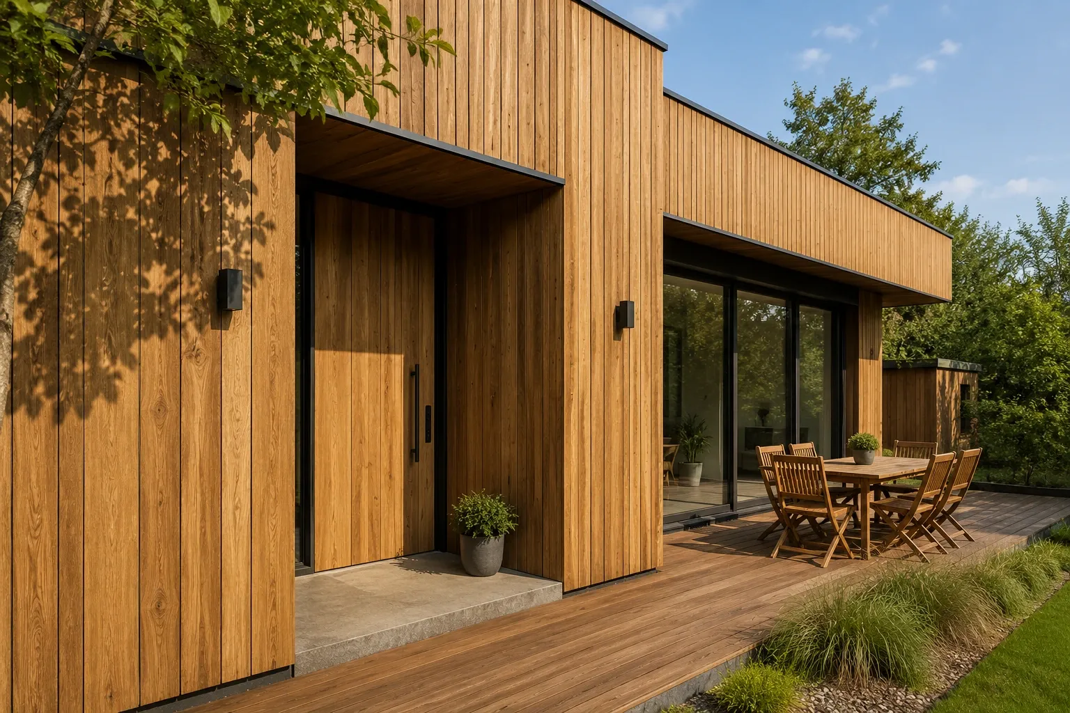 Moderne Holzfassade aus Eichenholz-Paneelen mit integrierter Eingangstür und angrenzender Terrasse mit Sitzgruppe.