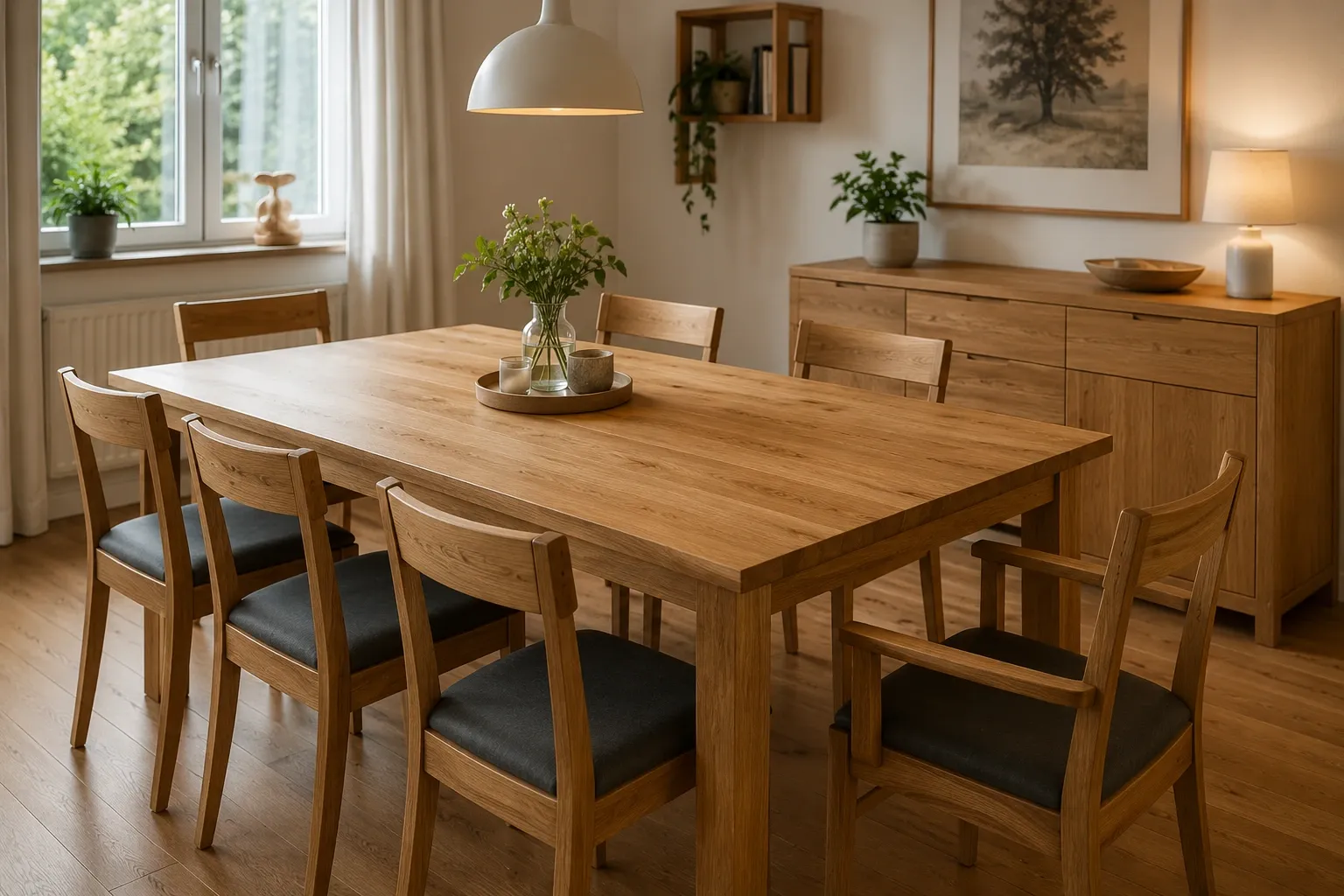 Esszimmer-Einrichtung aus massivem Eichenholz mit Holztisch, passenden Stühlen und Sideboard im warm beleuchteten Raum.