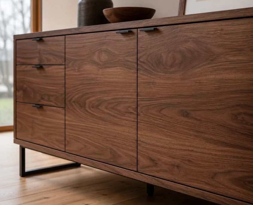 American Black Walnut Schrank Modernes Sideboard aus dunkelbraunem American Black Walnut mit ausdrucksstarker Holzmaserung und Schrankfronten.