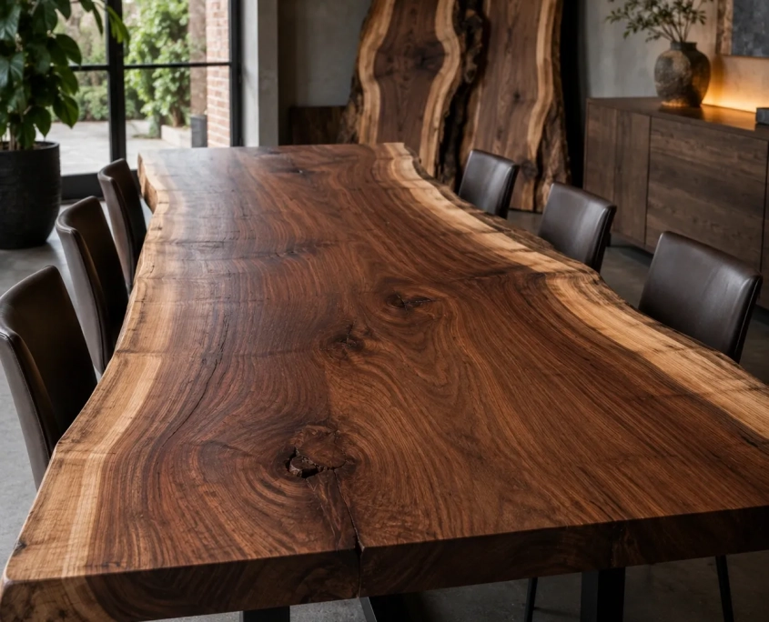 American Black Walnut Tischplatte Massiver Konferenztisch aus American Black Walnut mit natürlicher Baumkante und ausgeprägter Holzmaserung.