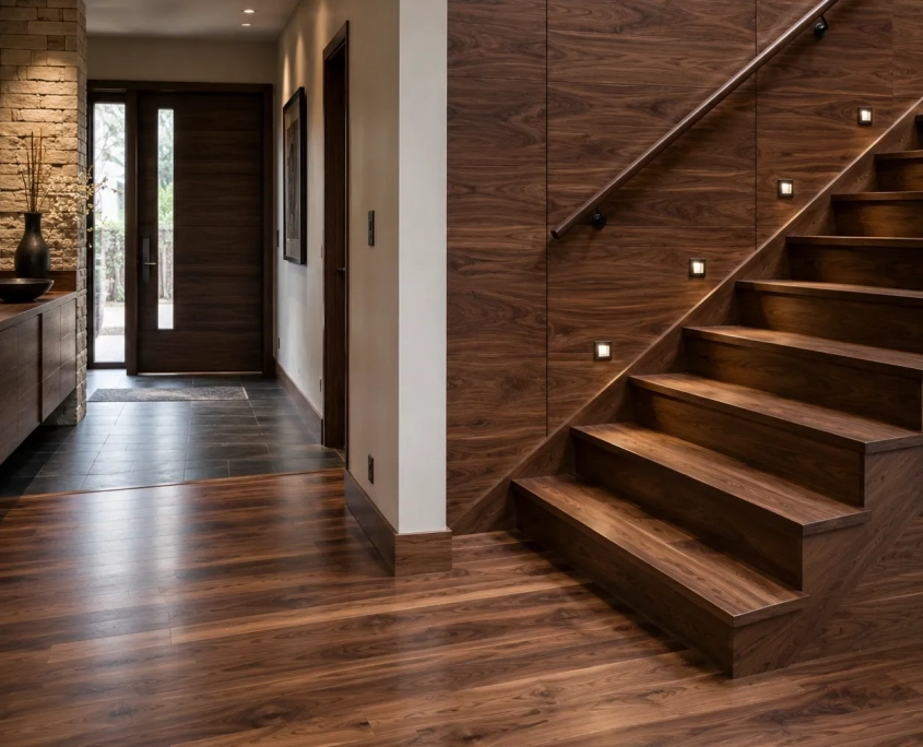 American Black Walnut Treppe und Parkett Moderner Flurbereich mit Treppe, Parkettboden und Wandverkleidung aus dunklem American Black Walnut Holz.