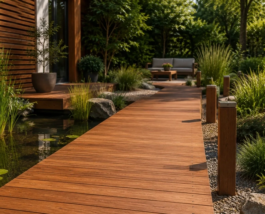 Moderner Gartensteg und Holzpodest aus Bangkirai über einem Gartenteich mit passenden Holzpfosten.