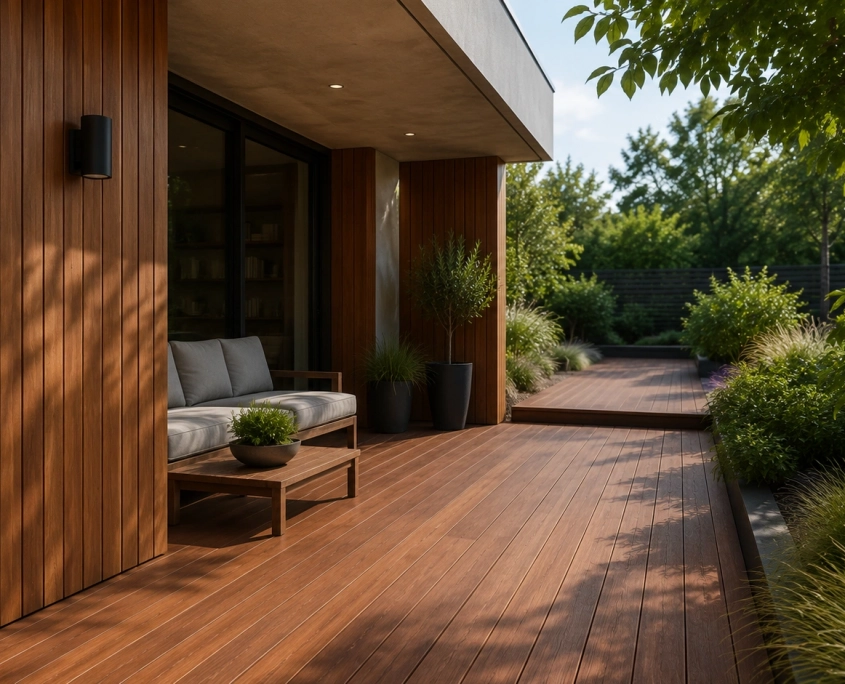 Moderne Holzterrasse aus Bangkirai-Dielen mit überdachtem Sitzbereich und passender Wandverkleidung im Garten.