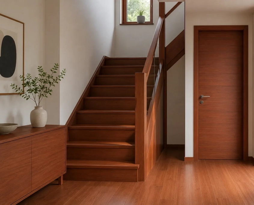 Heller Flurbereich mit Treppe, Innentür, Sideboard und Parkettboden aus rotbraunem Dark Red Meranti Holz.