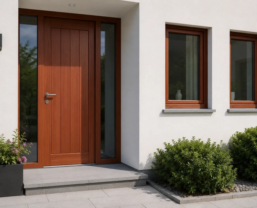 Moderne Eingangstür mit Seitenteilen und Holzfenster aus rotbraunem Dark Red Meranti an einer weißen Hausfassade.
