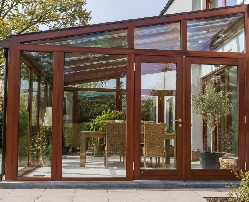 Gläserner Wintergarten mit massiver Holzrahmen-Konstruktion aus Dark Red Meranti an einer gepflasterten Terrasse.