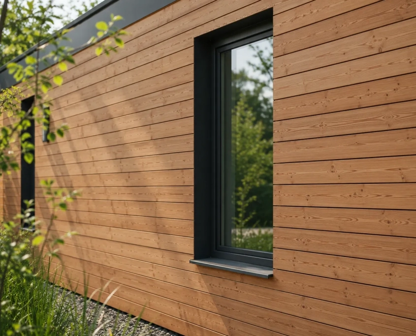 Douglasie Fassadenschalung von WOB Timber Moderne Gebäudefassade mit waagerechter Schalung aus rötlichbrauner Douglasie und dunklem Fensterrahmen.