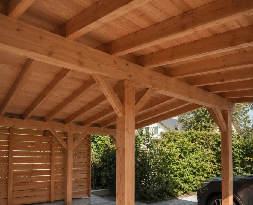 Douglasien-Carport im konstruktiven Holzbau von WOB Timber Massiver Carport aus Douglasienholz mit sichtbarer Balkenkonstruktion und Holzverkleidung im Außenbereich.