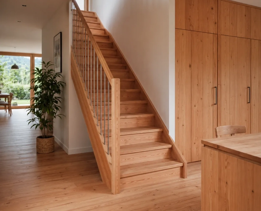 Douglasie von WOB Timber für den Innenausbau Heller Wohnbereich mit einer Massivholztreppe, Parkettboden und maßgefertigten Schrankeinbauten aus Douglasienholz.