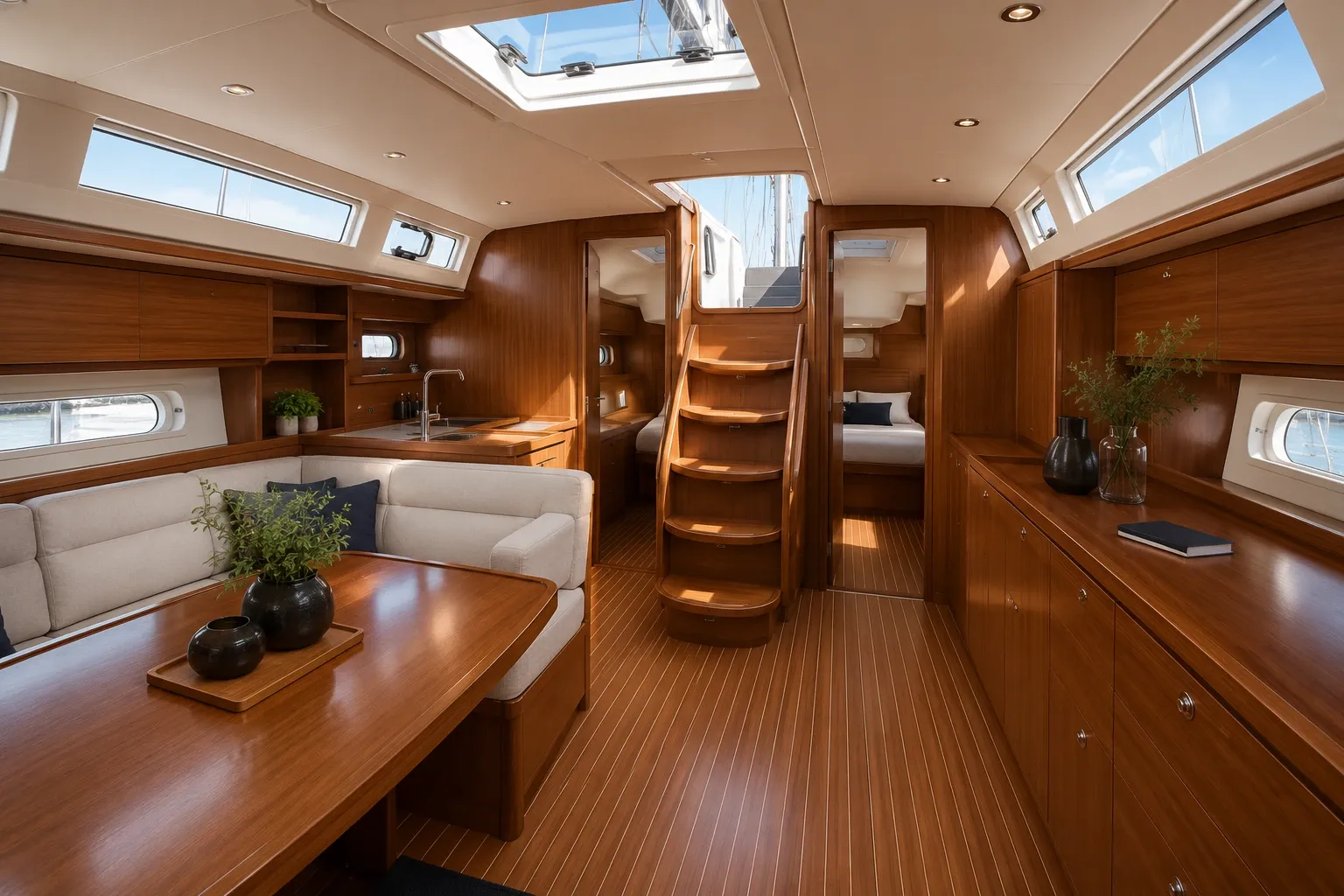 Geräumiger Yacht Innenraum mit Holzverkleidungen, Einbaumöbeln, Esstisch und Niedergangstreppe aus Sipo Holz.