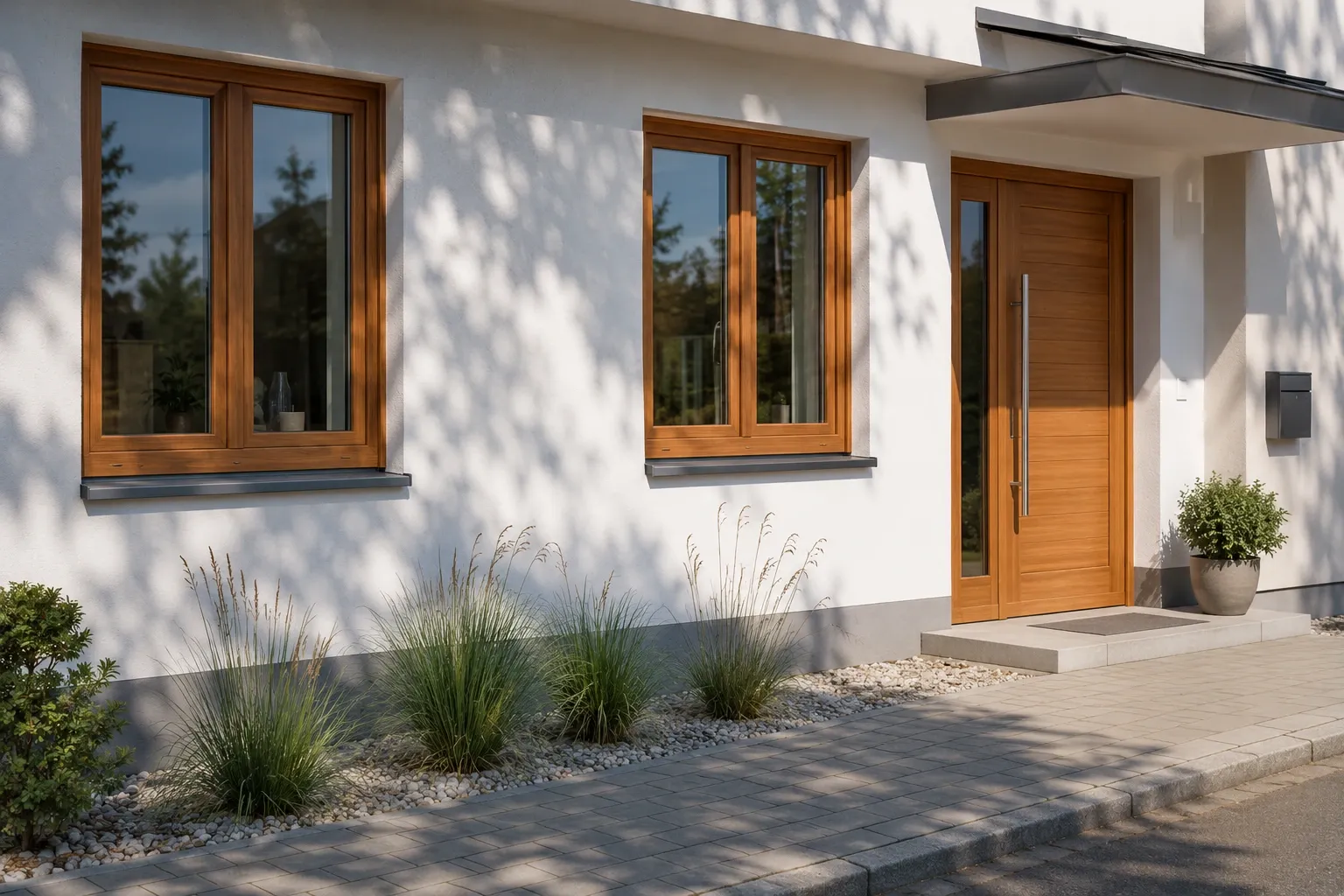 Moderne Fassade mit Haustür und zwei zweiflügeligen Holzfenstern aus formstabilem Sipo Holz.