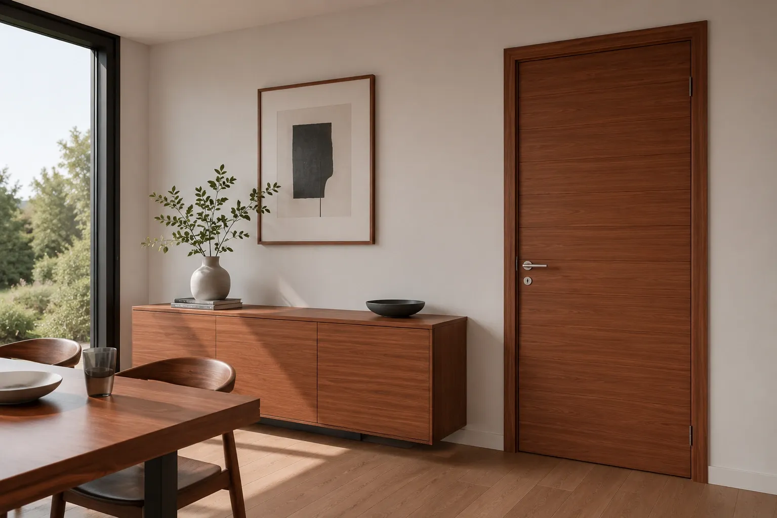Heller Essbereich mit Esstisch, Sideboard und einer geschlossenen Innentür aus rotbraunem Sipo Holz.