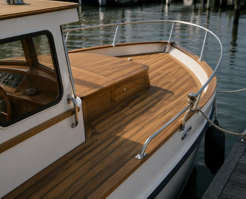 Elegantes Bootsdeck, Aufbauten und Deckseinfassung aus wetterfestem Iroko Kambala Holz an einem Bootssteg.