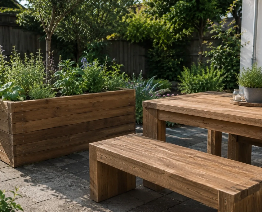 Moderne Gartenmöbel und ein bepflanztes Hochbeet aus wetterfestem Iroko Kambala Holz auf einer Steinterrasse.