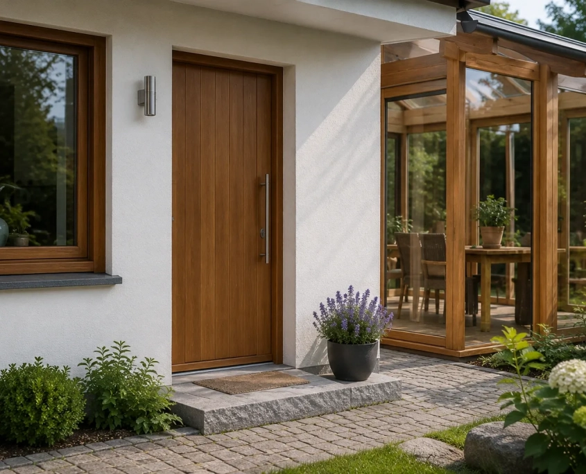 Moderne Eingangstür, Fensterrahmen und angrenzender Wintergarten aus braunem Iroko (Kambala) Holz an einem Wohnhaus.