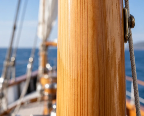 oergon-pine-mast Ein Oregon Pine Mast auf einem Segelschiff auf dem Meer.