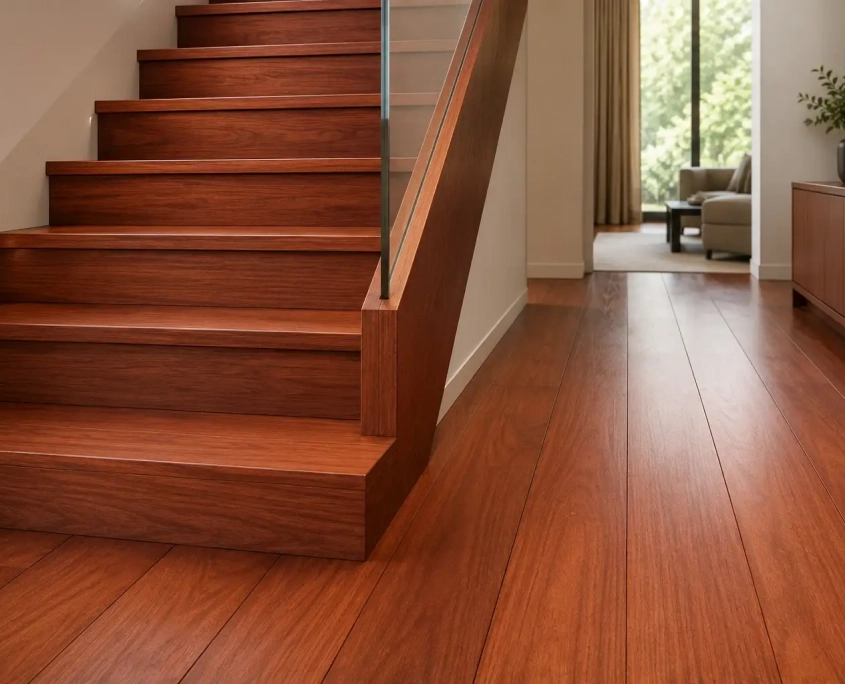 Sapeli Innenraum Moderne Massivholztreppe mit Glasgeländer und passendem Parkettboden aus rotbraunem Sapeli Holz in einem hellen Flur.