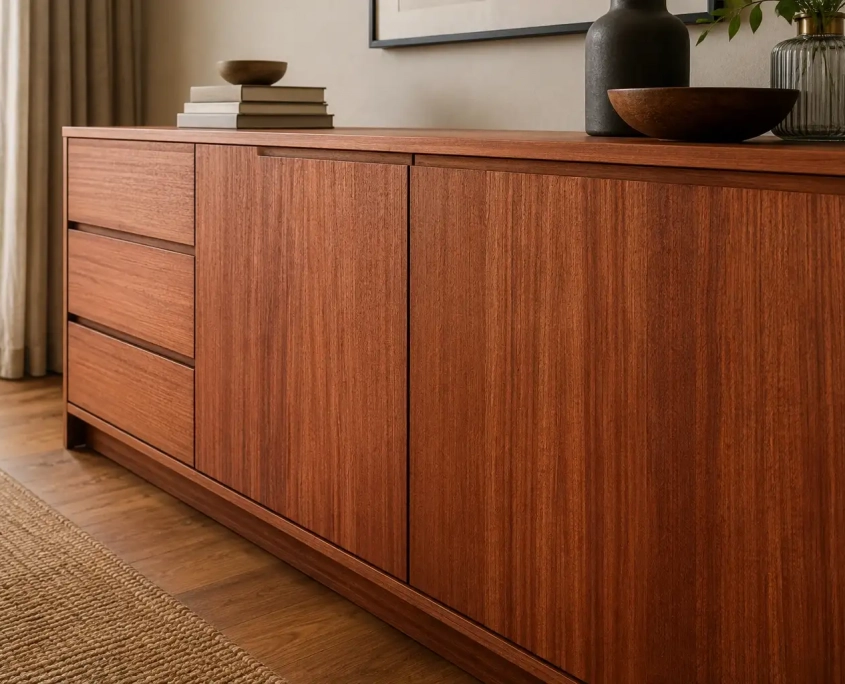 Sapeli Holz für Möbel und Innenausbau Modernes Sideboard aus rotbraunem Sapeli Holz mit charakteristischer Streifenzeichnung in einem elegant eingerichteten Wohnraum.