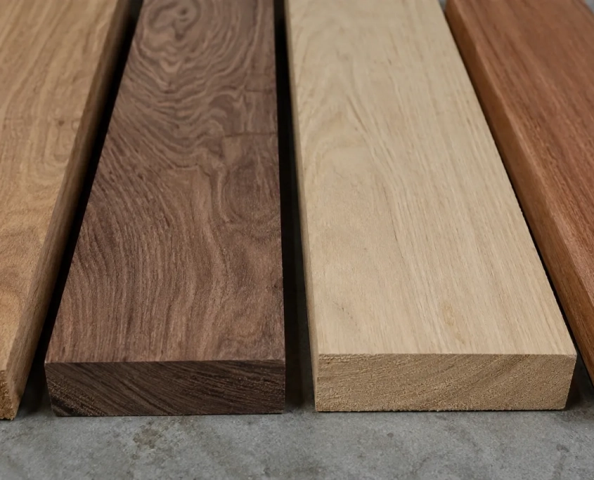 Schnittholz-Sorten im Vergleich Vier verschiedene Schnittholzbretter in unterschiedlichen Holztönen nebeneinander auf Betonboden.