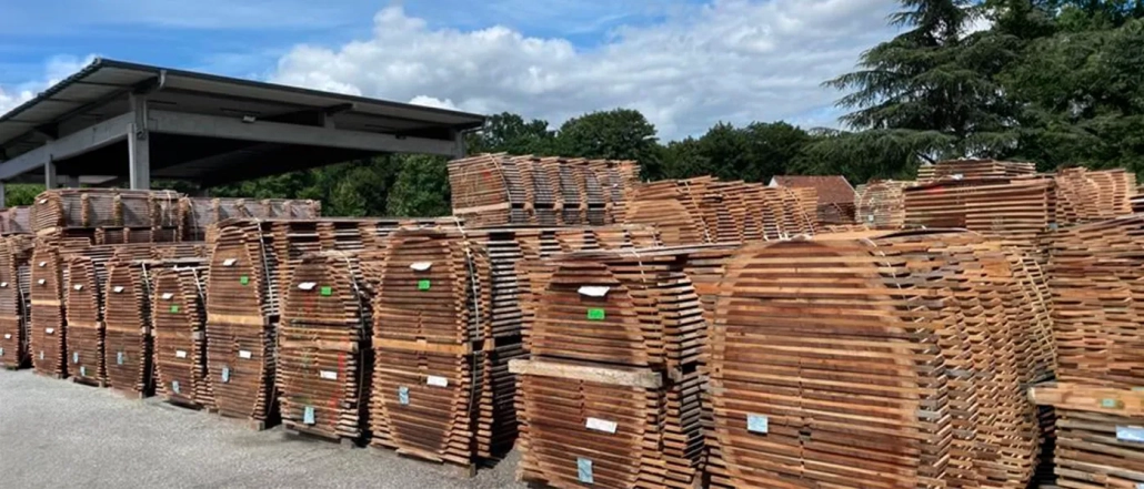 WOB Timber Sapelli Mahagoni Vortrocknung Großflächiges Freilager mit gestapelten Sapelli-Mahagoni-Stämmen (Blockware) zur Vortrocknung unter freiem Himmel.